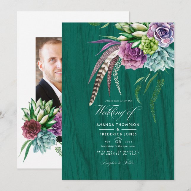 Invitation Mariage Bohème de Rêve avec Succulentes (Devant / Derrière)
