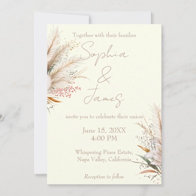Invitation Mariage Bohème d'Herbe de Pampas d'Ivoire (Devant)