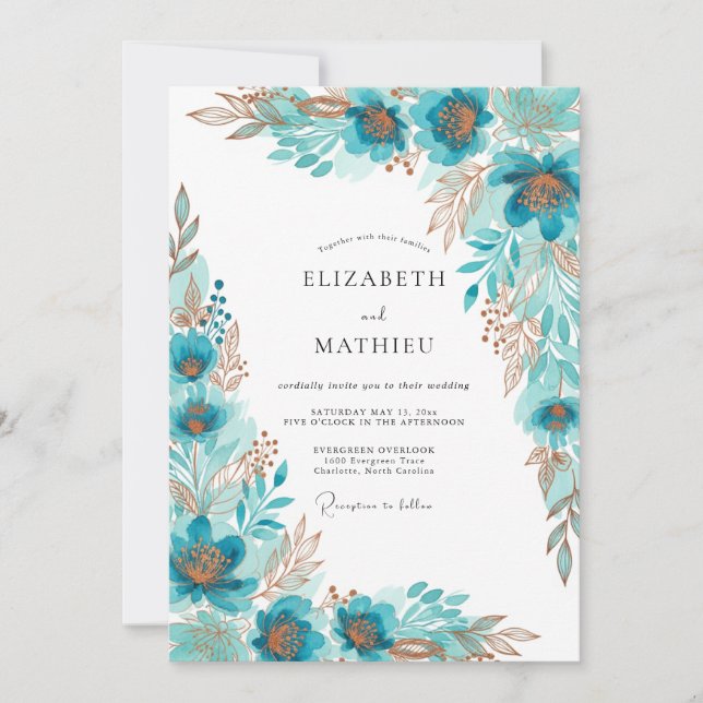 Invitation Mariage Bohème Doré Turquoise (Devant)