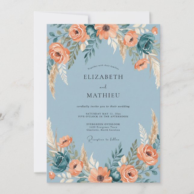 Invitation Mariage Bohème Éblouissant Bleu Acier (Devant)