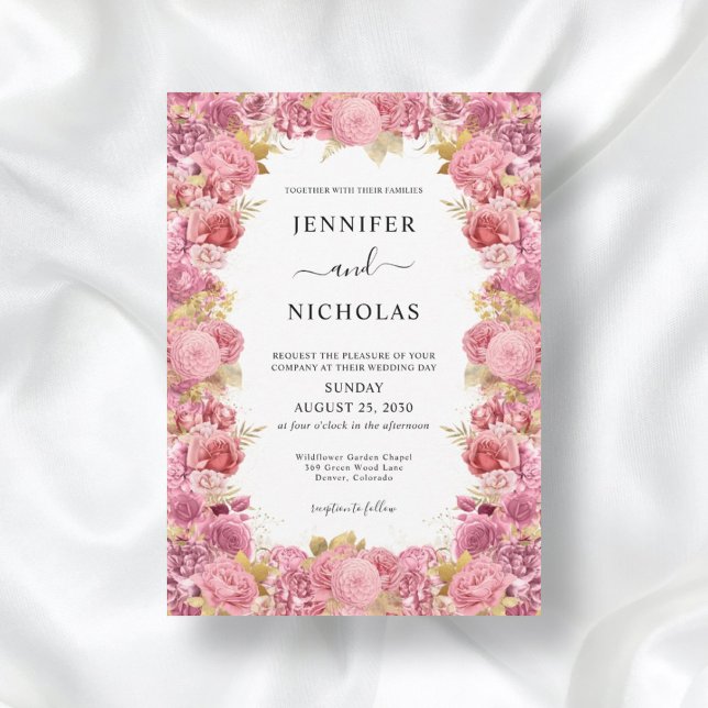 Invitation Mariage Bohème Élégant à Fleurs Roses (Créateur téléchargé)