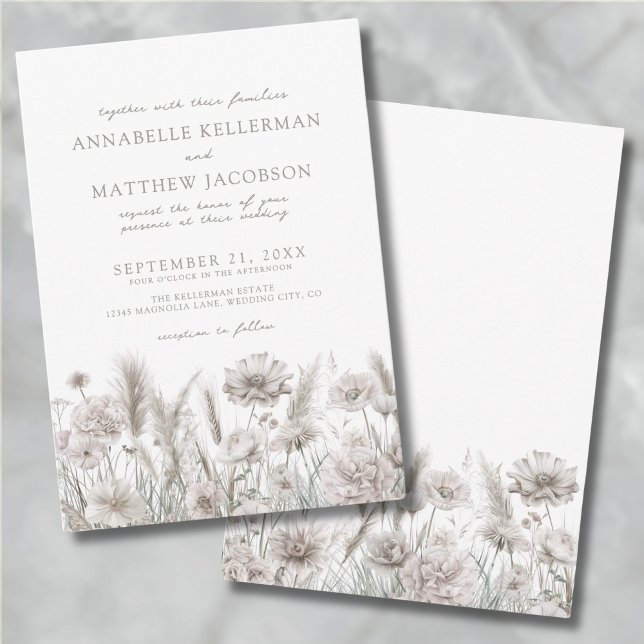 Invitation Mariage Bohème Élégant Botanique Fleurs Blanches (Elegant Botanical Pampas Floral Boho Wedding Invitation)