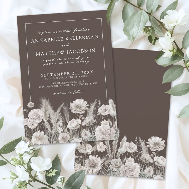Invitation Mariage Bohème Élégant Fleurs Marron (Elegant Brown Floral Boho Wedding Invitation)