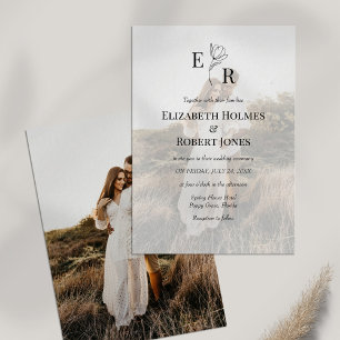 Invitation Mariage Bohème Élégant Fleurs Monogramme Photo Per