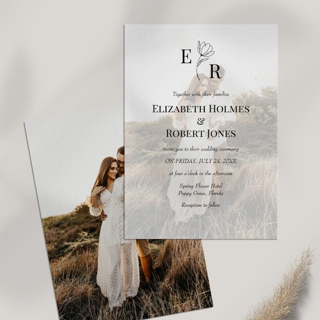 Invitation Mariage Bohème Élégant Fleurs Monogramme Photo Per (Boho Elegant Floral Monogram Custom Photo Wedding Invitation on white table with dry wildflower.)
