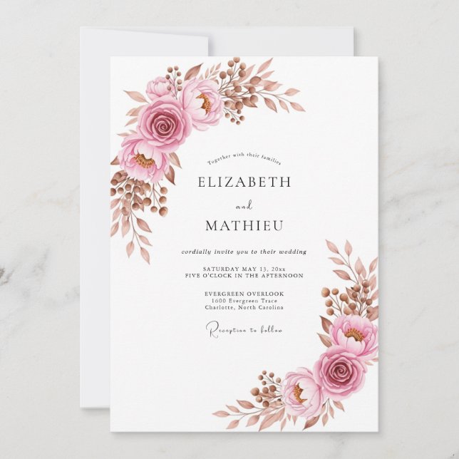 Invitation Mariage Bohème Élégant Rose Poussiéreuse (Devant)