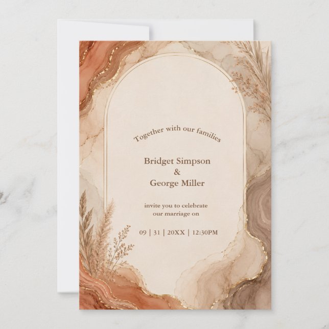 Invitation Mariage bohème en marbre d'agate terracotta rustiq (Devant)