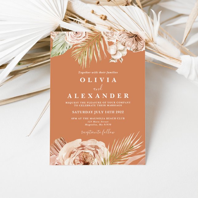 Invitation Mariage bohème en terracotta avec fleurs tropicale (Créateur téléchargé)