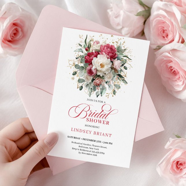Invitation Mariage Bohème Éternel Rouge Rubis Rose Blush Or (Timeless Boho Ruby Red Blush Gold Bridal Shower)
