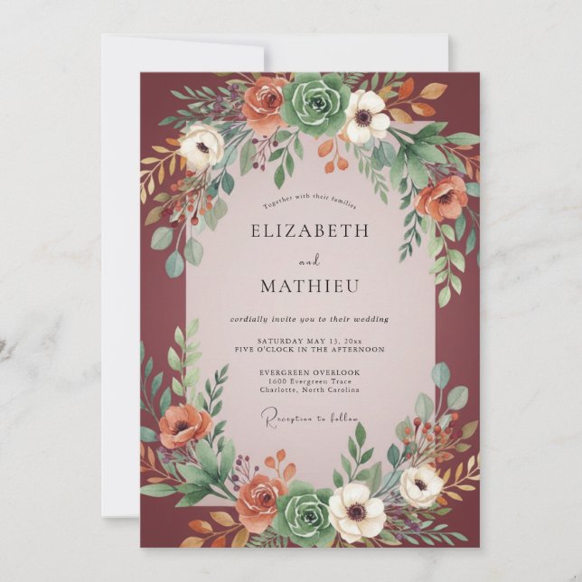 Invitation Mariage Bohème Eucalyptus Bourguignon Succulent (Devant)