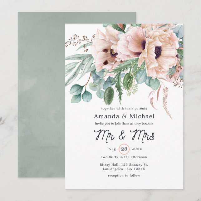 Invitation Mariage Bohème Eucalyptus Rose Pavot (Devant / Derrière)