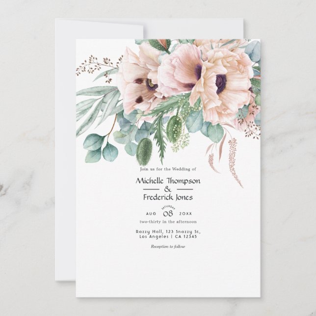 Invitation Mariage Bohème Eucalyptus Rose Pavot (Devant)