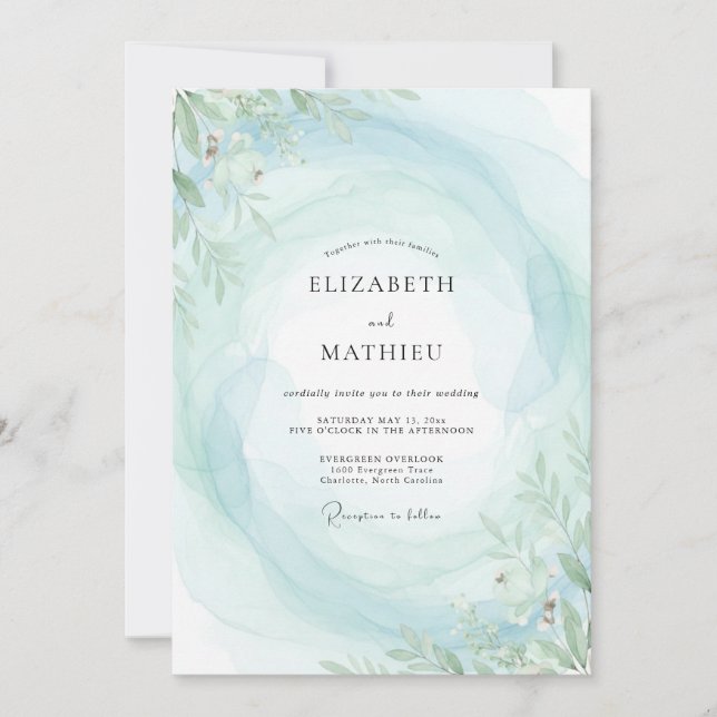 Invitation Mariage Bohème Feuilles de Menthe Aqua (Devant)
