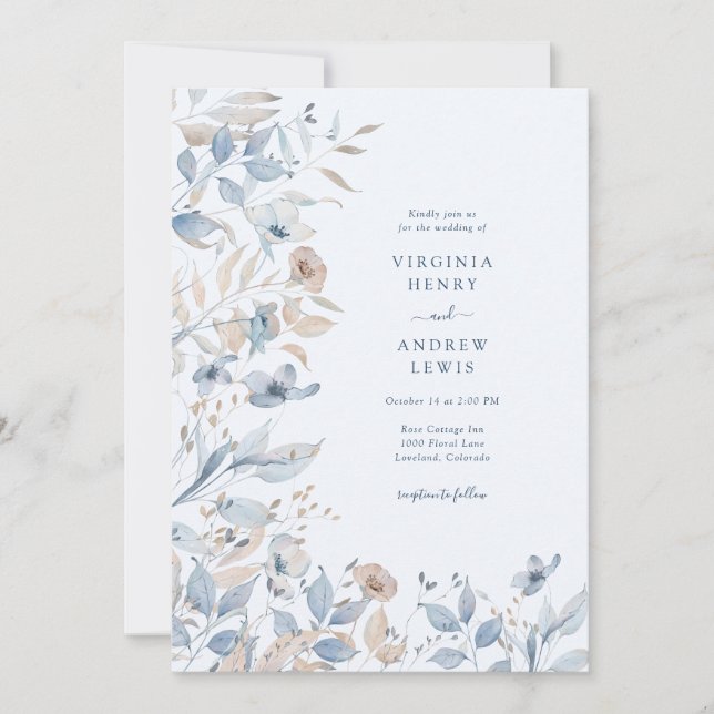 Invitation Mariage Bohème Fleur des Champs Bleu (Devant)