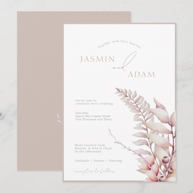Invitation Mariage Bohème Fleur Rose Pâle Neutre (Devant / Derrière)