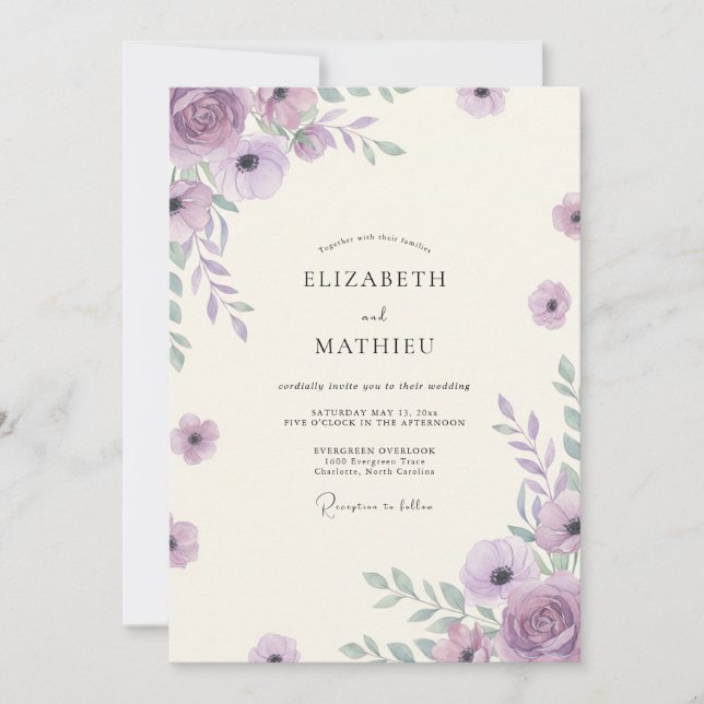Invitation Mariage Bohème Fleur Sauvage Améthyste (Devant)