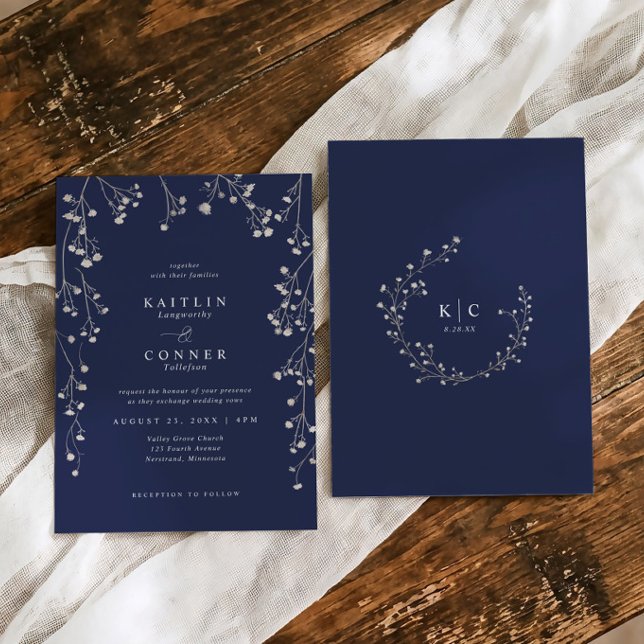 Invitation Mariage Bohème Fleur Sauvage Bleu Nuit Baby's Brea (Boho vintage wildflower Baby's Breath Wedding invitations in navy blue.)