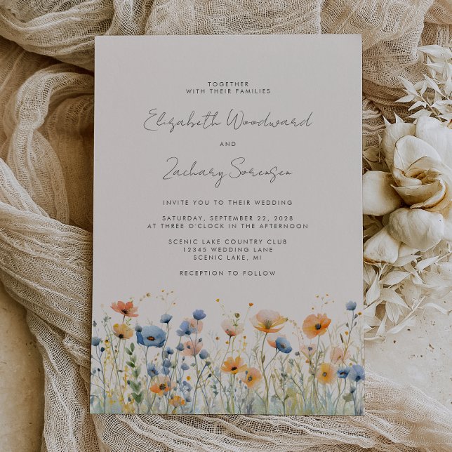Invitation Mariage Bohème Fleur Sauvage Bordure Orange Bleu (Créateur téléchargé)