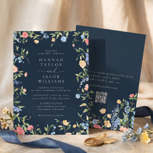 Invitation Mariage Bohème Fleur Sauvage Code QR RSVP Bleu Nui