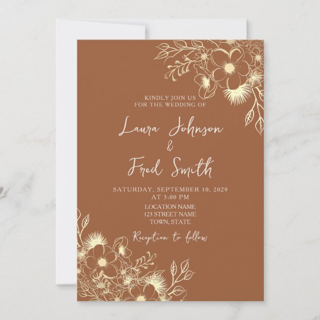 Invitation Mariage Bohème Fleur Sauvage Orange Brûlé (Devant)