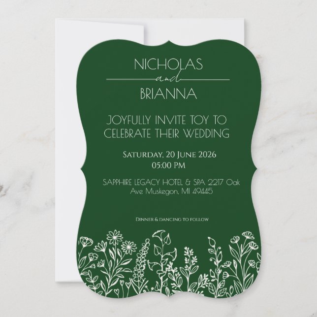 Invitation Mariage Bohème Fleur Sauvage Vert Sauge (Devant)