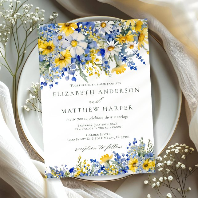 Invitation Mariage Bohème Fleuris Bleu Jaune Daisy (Créateur téléchargé)