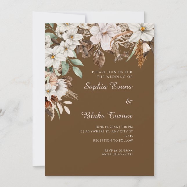 Invitation Mariage Bohème Fleurs Blanches Automne Brun Foncé (Devant)