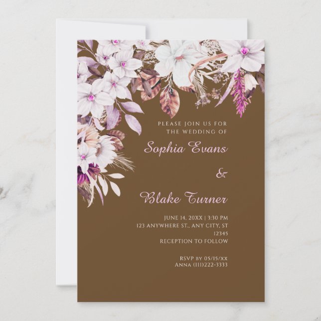Invitation Mariage Bohème Fleurs Blanches Automne Brun Foncé (Devant)