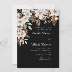 Invitation Mariage Bohème Fleurs Blanches Automne Noir
