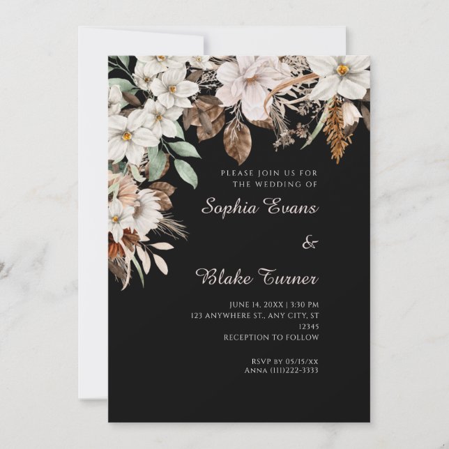 Invitation Mariage Bohème Fleurs Blanches Automne Noir (Devant)