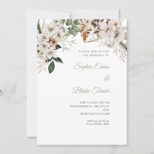 Invitation Mariage Bohème Fleurs Blanches Hiver (Devant)