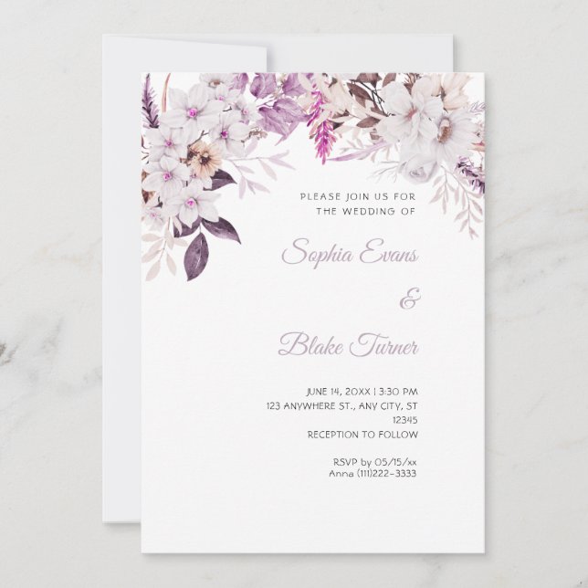 Invitation Mariage Bohème Fleurs Blanches Hiver (Devant)