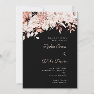 Invitation Mariage Bohème Fleurs Blanches Hiver Noir