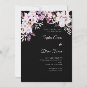 Invitation Mariage Bohème Fleurs Blanches Hiver Noir