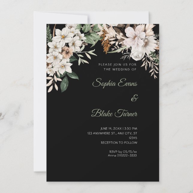 Invitation Mariage Bohème Fleurs Blanches Hiver Noir (Devant)