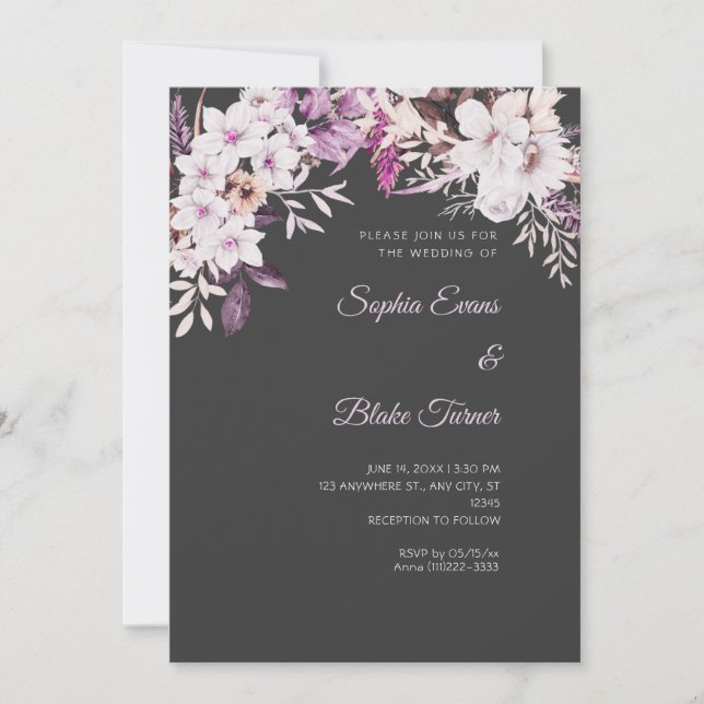 Invitation Mariage Bohème Fleurs Blanches Ombre Grise Hiver (Devant)