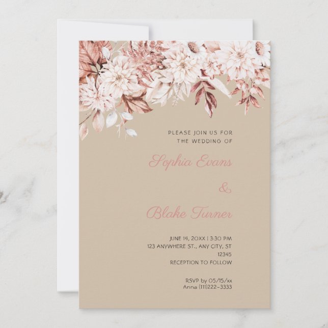 Invitation Mariage Bohème Fleurs Blanches Vanille Foncé Hiver (Devant)