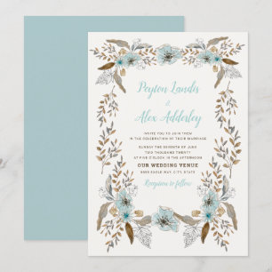 Invitation Mariage Bohème Fleurs Bleu Poussiéreux Brun Romant