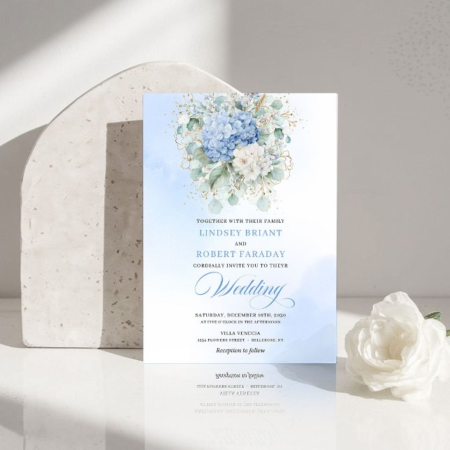 Invitation Mariage Bohème Fleurs Dorées Hydrangea Bleu Poudre (Boho Powder Blue Hydrangea Gold Floral Wedding Invite)