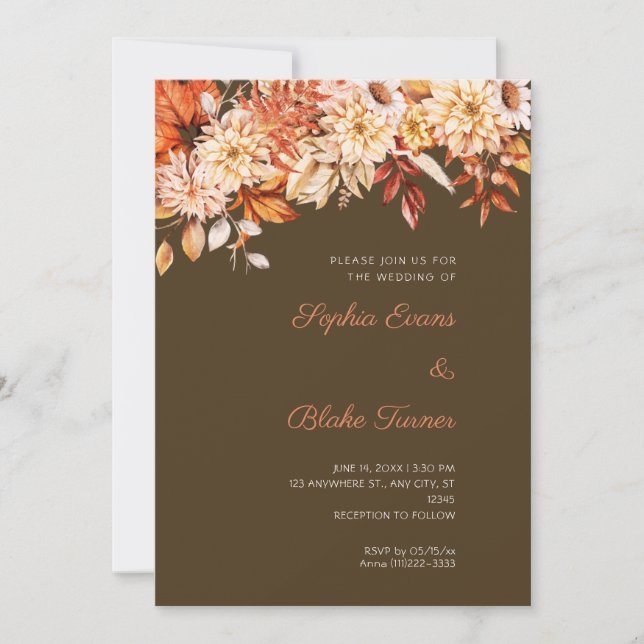 Invitation Mariage Bohème Fleurs Orange Hiver Marron Café (Devant)