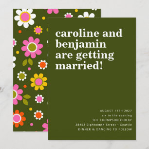 Invitation Mariage Bohème Fleurs Rétro 60 Groovy Vert Foncé
