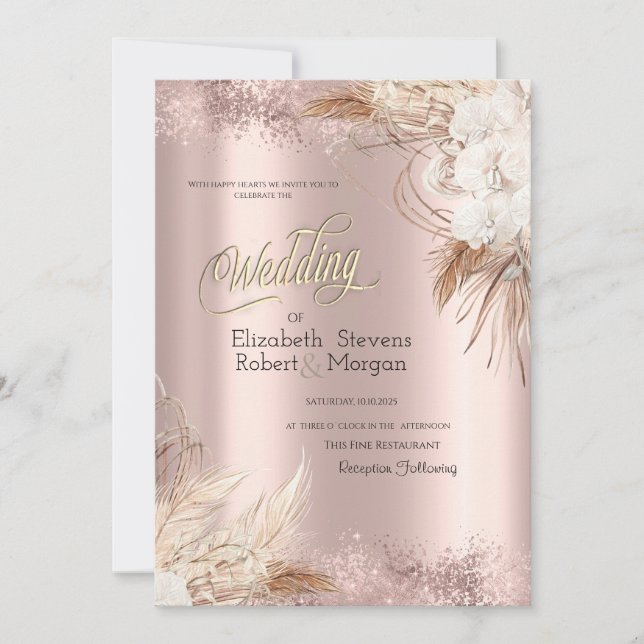 Invitation Mariage Bohème Fleurs Rose Gold Confettis  (Devant)