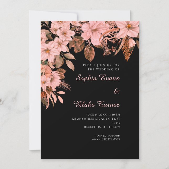 Invitation Mariage Bohème Fleurs Roses Automne Noir (Devant)
