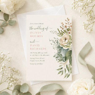 Invitation Mariage Bohème Fleurs sauvages Vert Sauge et Ivoir