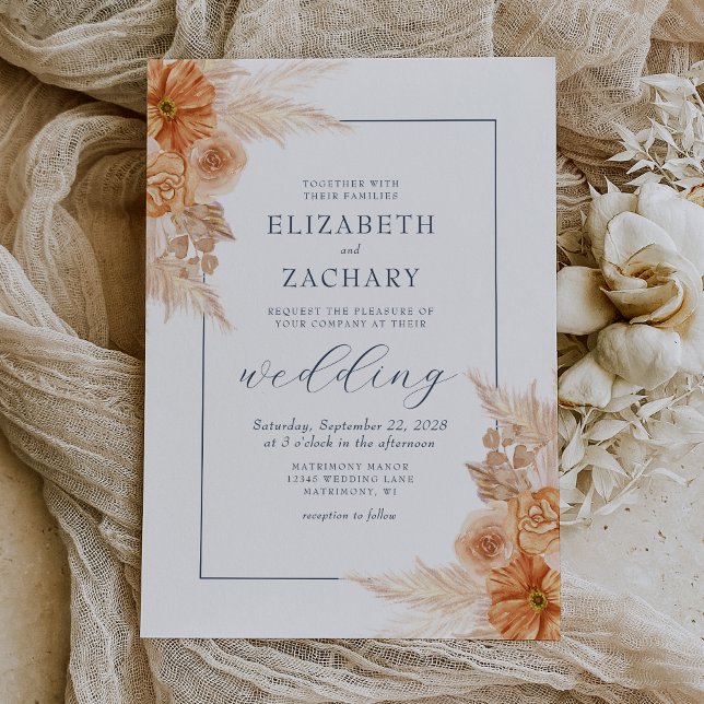 Invitation Mariage Bohème Fleurs Séchées Bleu Nuit (Créateur téléchargé)