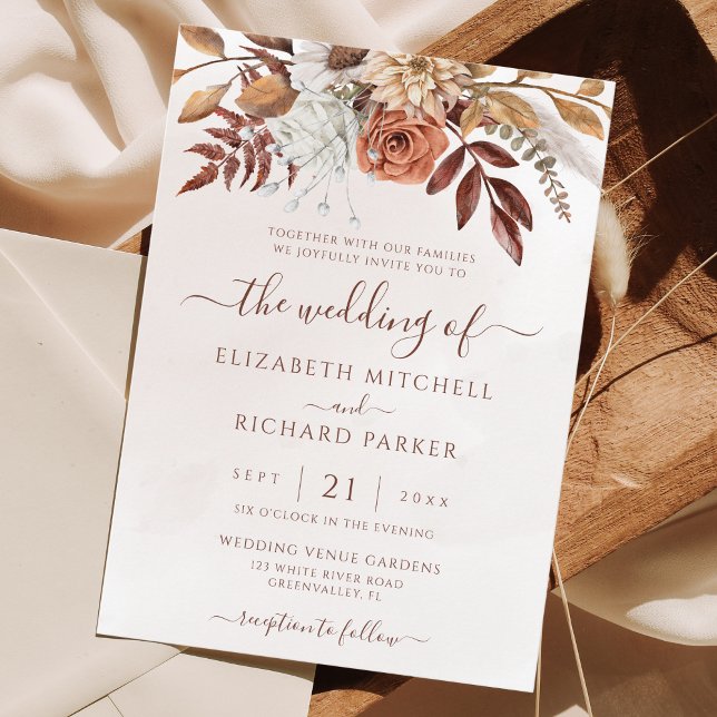 Invitation Mariage Bohème Fleurs Terracotta Automne (Fall in love with this boho wedding invitation. Rust and terracotta colored flowers for a cozy vibe.)