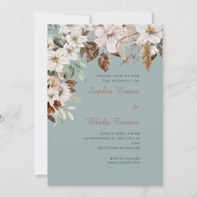 Invitation Mariage bohème floral blanc automne vert (Devant)