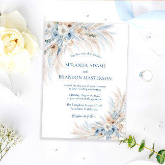 Invitation Mariage Bohème Floral Bleu Élégant Romantique
