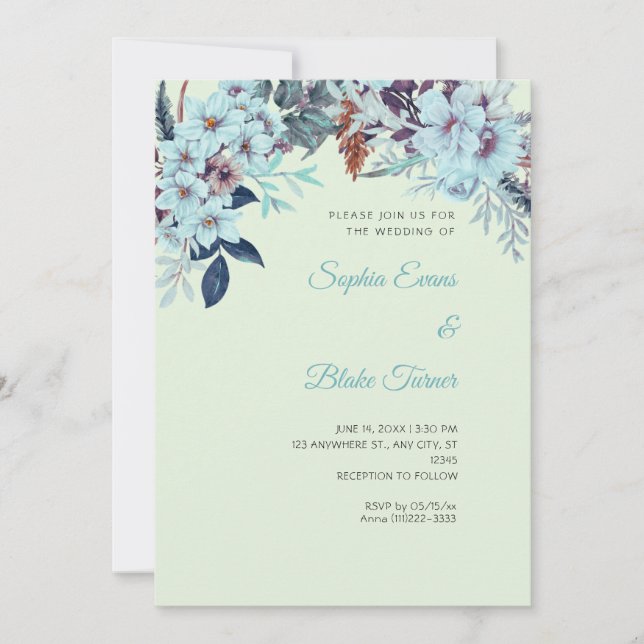 Invitation Mariage Bohème Floral Bleu Hiver Vert Clair (Devant)