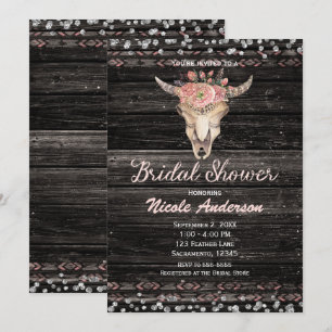 Invitation Mariage Bohème Floral Crâne Rose Argenté Rustique